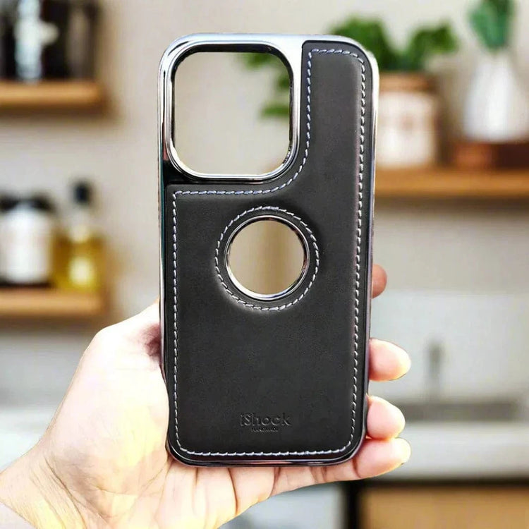 Ishock PU Leather Electroplating Chrome With Logo Cut Case for iPhone 15 Plus iPhone 15 Plus / Tan Brown - Ktusu