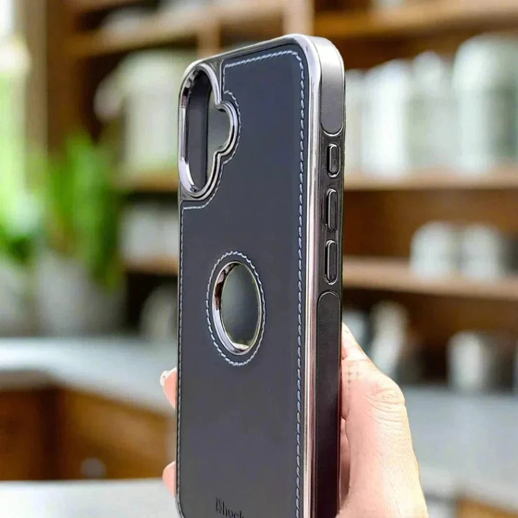 Ishock PU Leather Electroplating Chrome With Logo Cut Case for iPhone 16 Plus - Ktusu