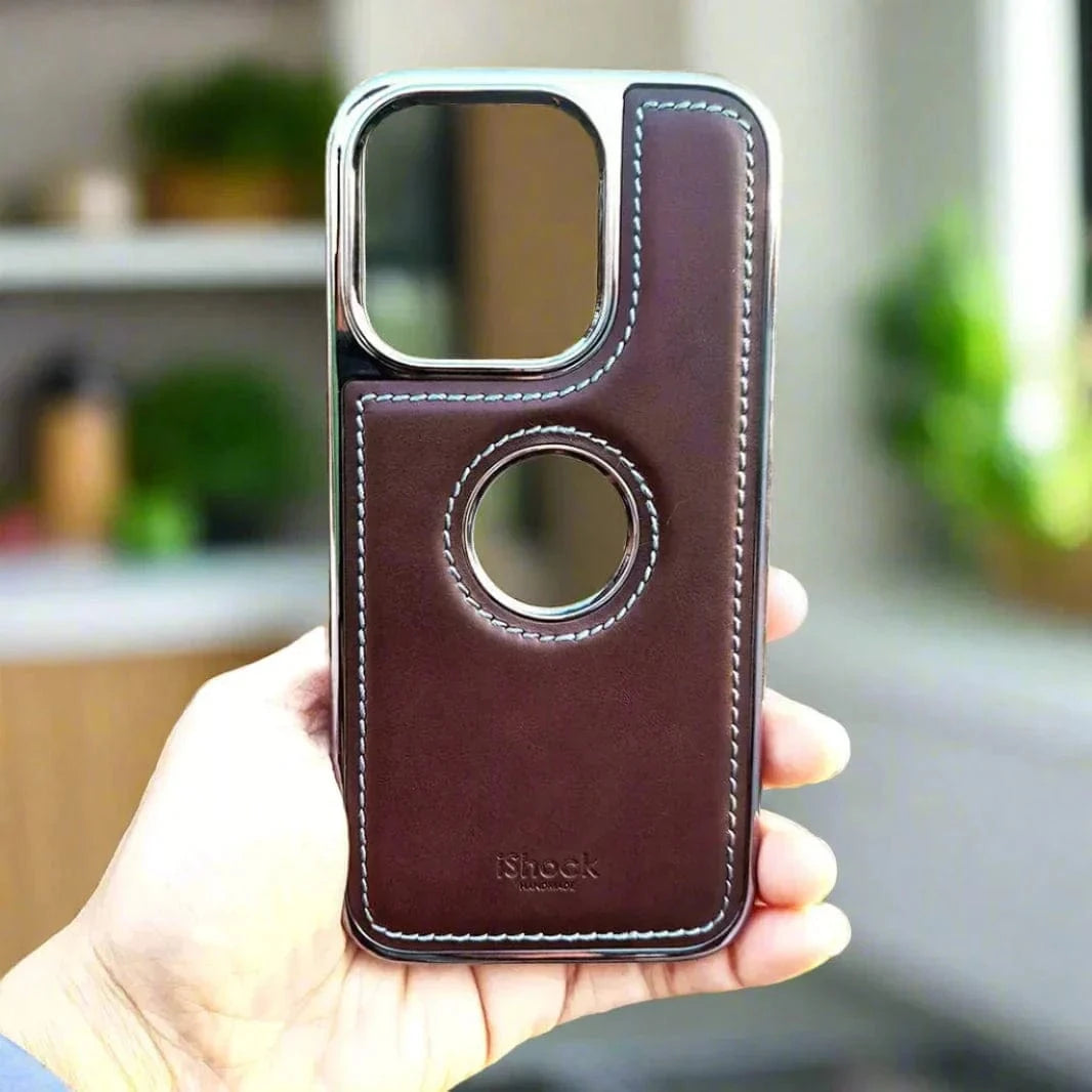 Ishock PU Leather Electroplating Chrome With Logo Cut Case for iPhone 16 Plus - Ktusu