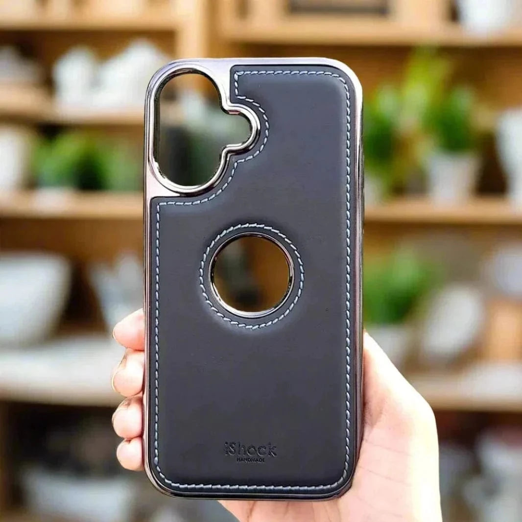 Ishock PU Leather Electroplating Chrome With Logo Cut Case for iPhone 16 Plus iPhone 16 Plus / Night Grey - Ktusu