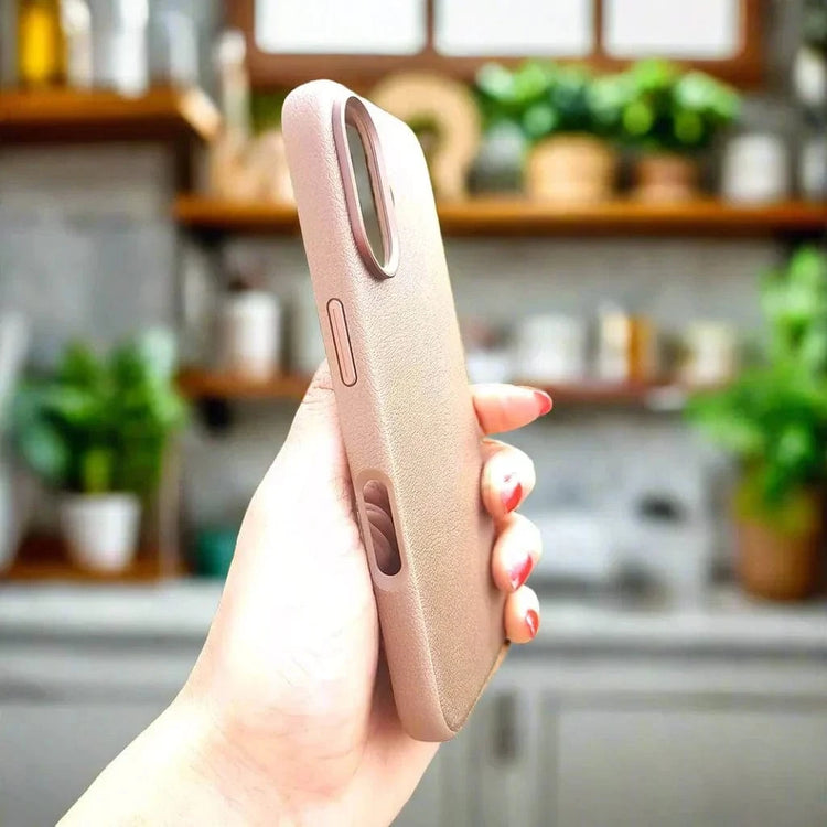 Leather Textuure Metal Button Magsafe Case for iPhone 16 Plus iPhone 16 Plus / Desert Titanium / with magsafe - Ktusu