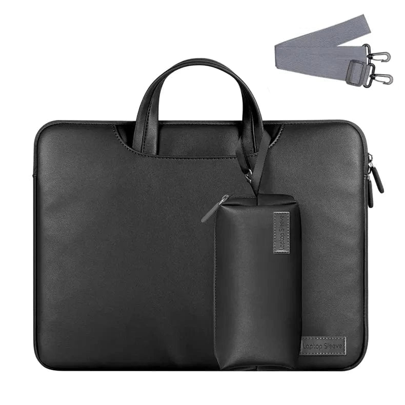 PU Leather Detachable Strap Laptop Sleeve & Handbag Up to 13 inch Laptop / Black - Ktusu
