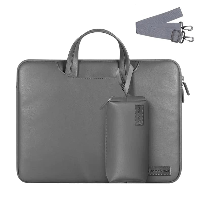 PU Leather Detachable Strap Laptop Sleeve & Handbag Up to 13 inch Laptop / Grey - Ktusu
