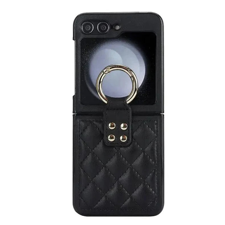 Rhombus PU Leather Ring Case for Samsung Z Flip5 Samsung Z Flip5 / Black - Ktusu