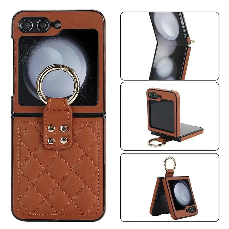 Rhombus PU Leather Ring Case for Samsung Z Flip5 Samsung Z Flip5 / Brown - Ktusu
