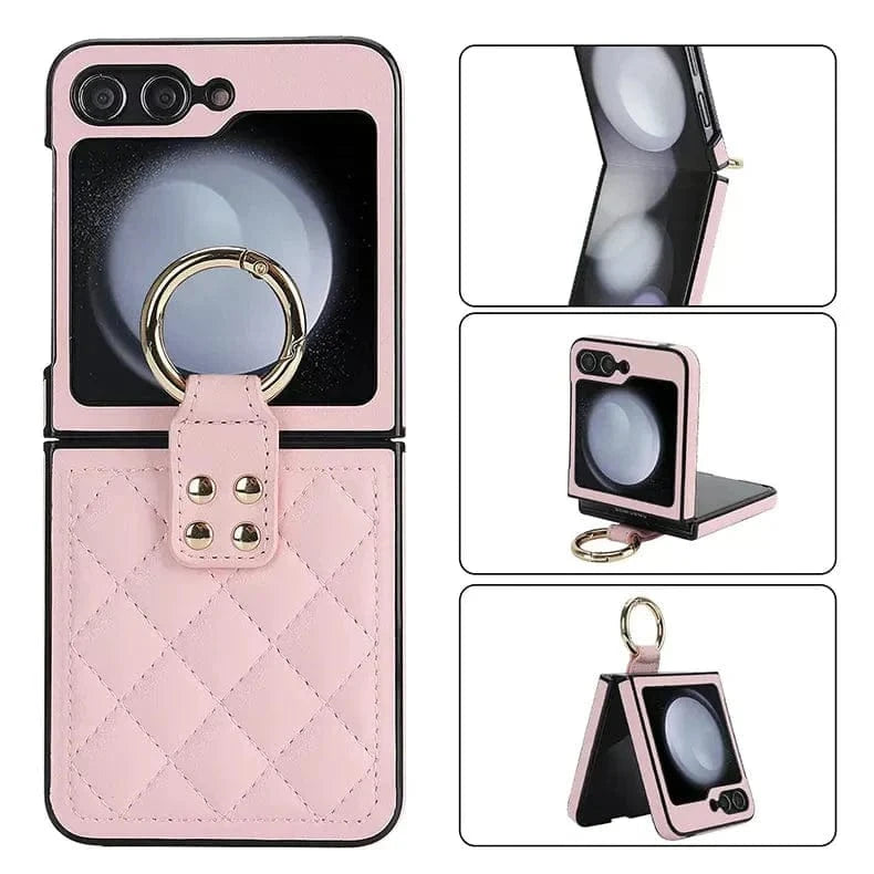 Rhombus PU Leather Ring Case for Samsung Z Flip5 Samsung Z Flip5 / Pink - Ktusu