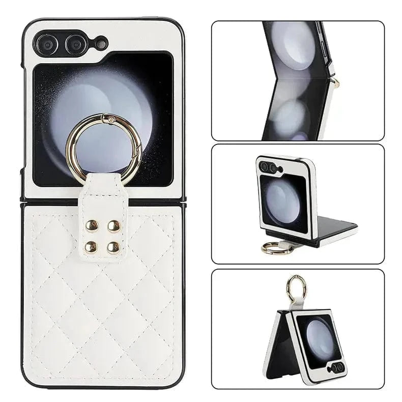 Rhombus PU Leather Ring Case for Samsung Z Flip5 Samsung Z Flip5 / White - Ktusu