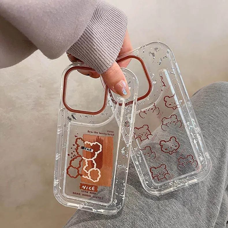 Teddy Bear Print Silver Glitter Foil Clear Soft Case for iPhone 14 Pro - Ktusu