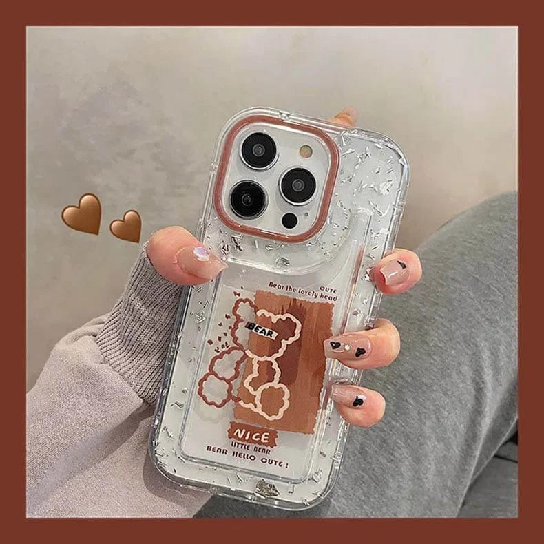Teddy Bear Print Silver Glitter Foil Clear Soft Case for iPhone 14 Pro - Ktusu