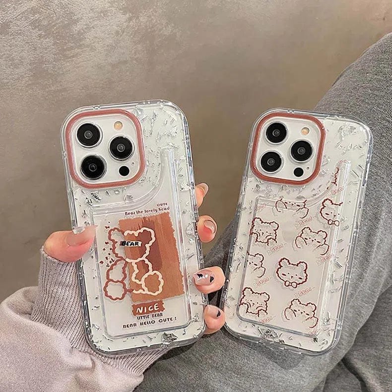 Teddy Bear Print Silver Glitter Foil Clear Soft Case for iPhone 14 Pro - Ktusu