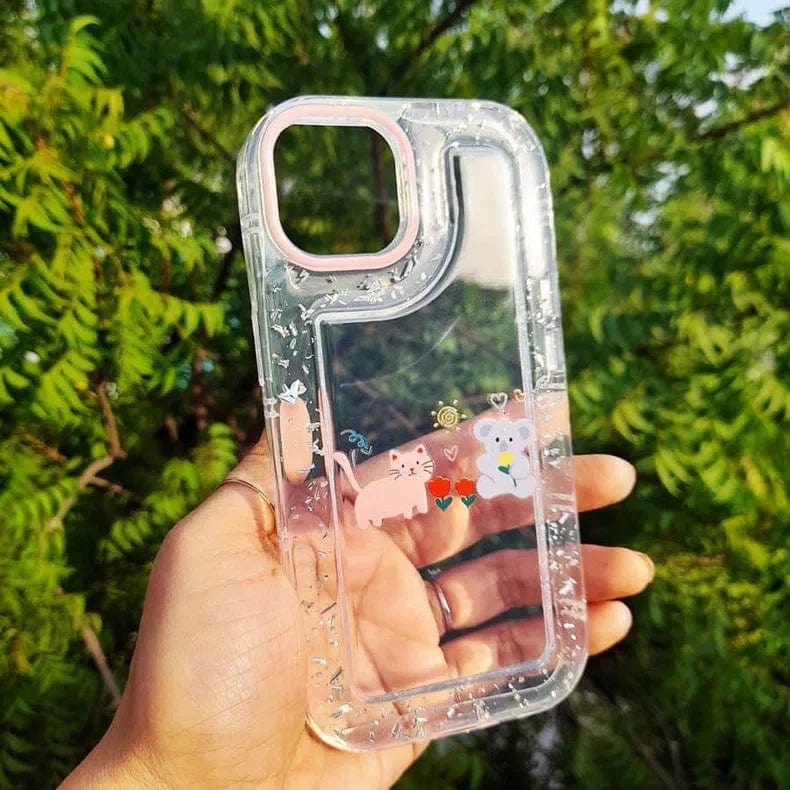 Teddy Bear Print Silver Glitter Foil Clear Soft Case for iPhone 14 Pro - Ktusu