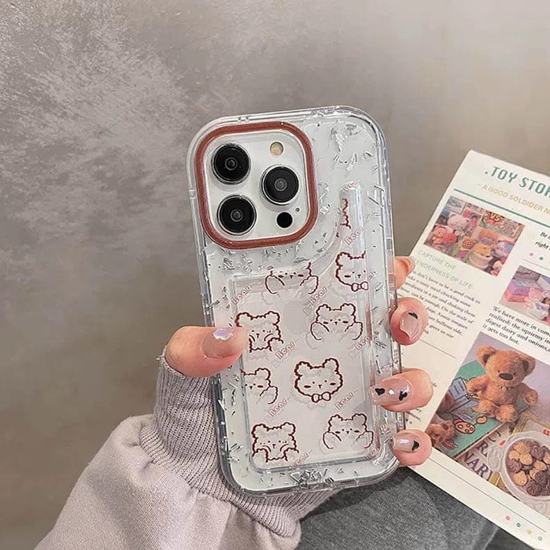 Teddy Bear Print Silver Glitter Foil Clear Soft Case for iPhone 14 Pro - Ktusu
