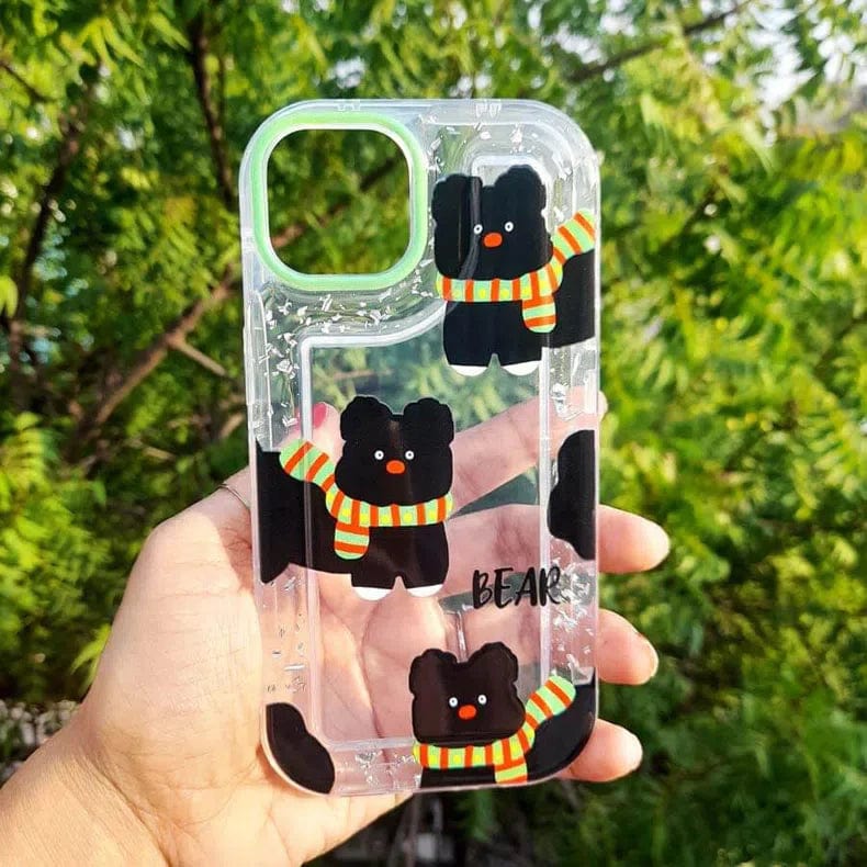 Teddy Bear Print Silver Glitter Foil Clear Soft Case for iPhone 14 Pro iPhone 14 Pro / Black Bear - Ktusu