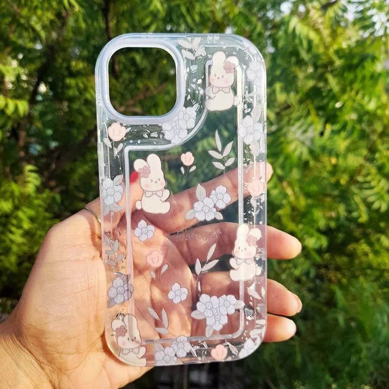 Teddy Bear Print Silver Glitter Foil Clear Soft Case for iPhone 14 Pro iPhone 14 Pro / Teddy & Flower - Ktusu