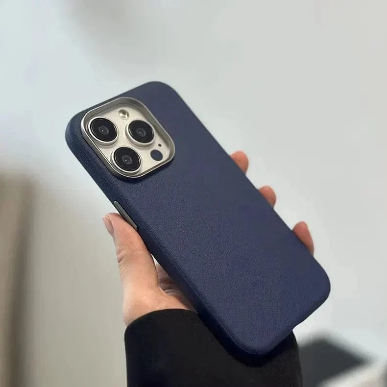 Vegan Leather Metal Button Magsafe Case for iPhone 16 Pro iPhone 16 Pro / Dark Blue / without magsafe - Ktusu