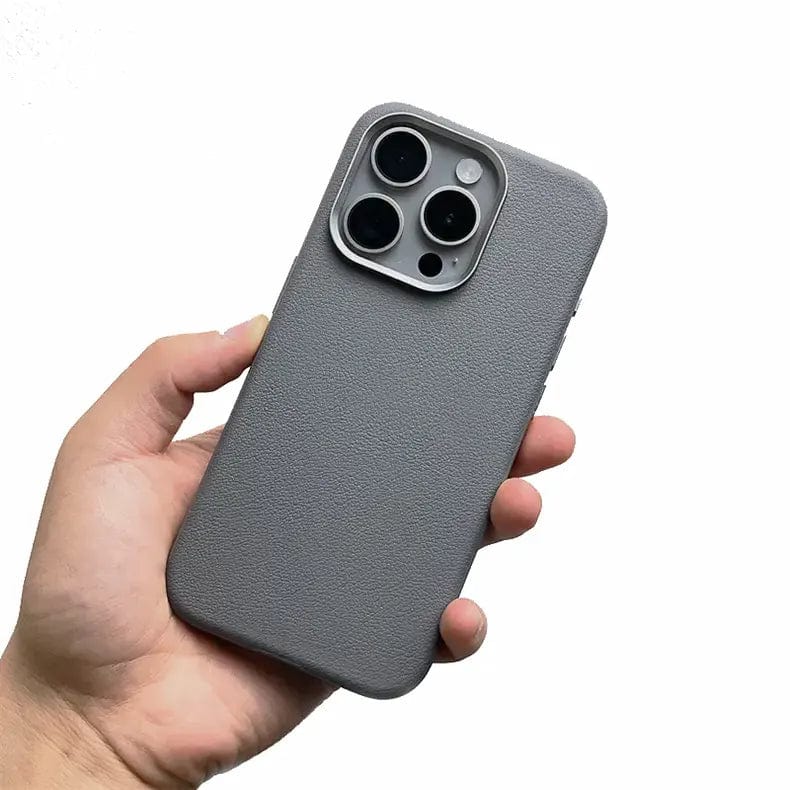 Vegan Leather Metal Button Magsafe Case for iPhone 16 Pro iPhone 16 Pro / Dark Grey / with magsafe - Ktusu