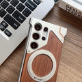 Walnut Wood Pattern Metal Frameless Kickstand Ring Case for Samsung S24 Ultra - Ktusu