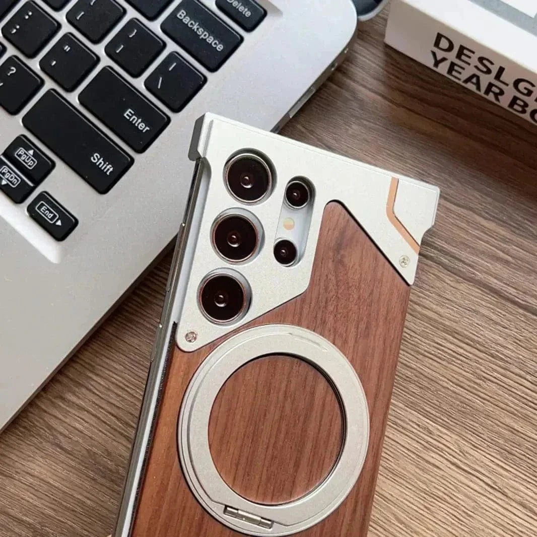 Walnut Wood Pattern Metal Frameless Kickstand Ring Case for Samsung S24 Ultra - Ktusu