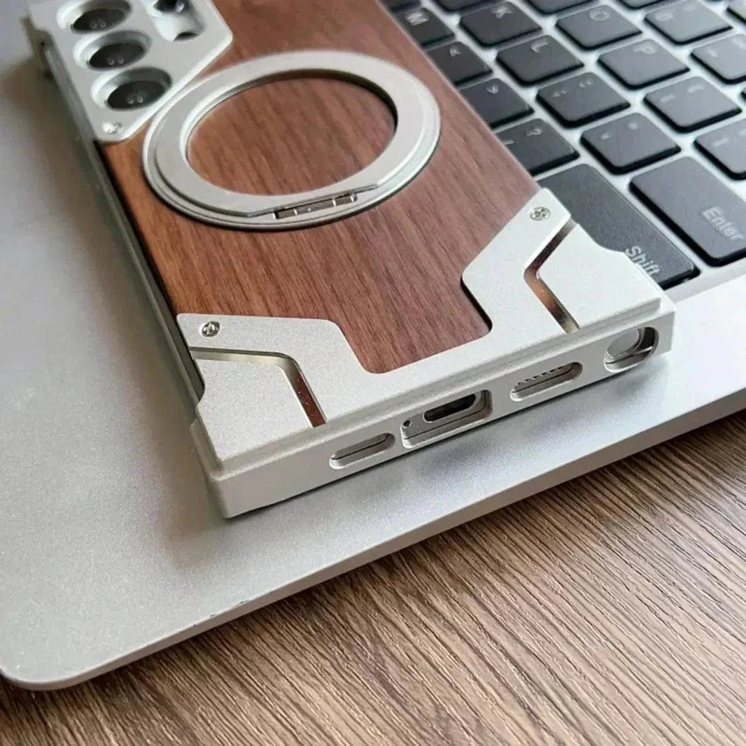 Walnut Wood Pattern Metal Frameless Kickstand Ring Case for Samsung S24 Ultra - Ktusu