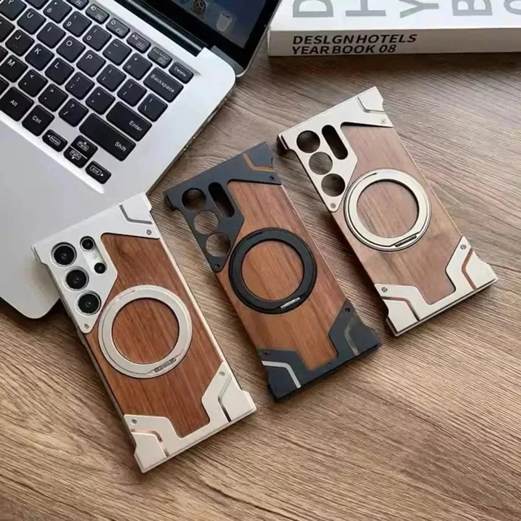 Walnut Wood Pattern Metal Frameless Kickstand Ring Case for Samsung S24 Ultra - Ktusu