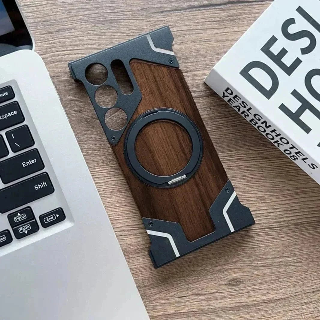 Walnut Wood Pattern Metal Frameless Kickstand Ring Case for Samsung S24 Ultra Samsung S24 Ultra / Black / with magsafe - Ktusu