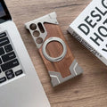 Walnut Wood Pattern Metal Frameless Kickstand Ring Case for Samsung S24 Ultra Samsung S24 Ultra / Natural Titanium / with magsafe - Ktusu