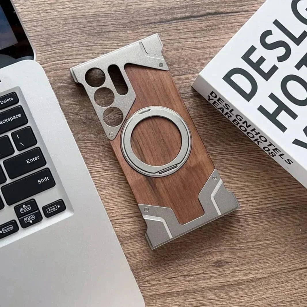 Walnut Wood Pattern Metal Frameless Kickstand Ring Case for Samsung S24 Ultra Samsung S24 Ultra / Natural Titanium / with magsafe - Ktusu