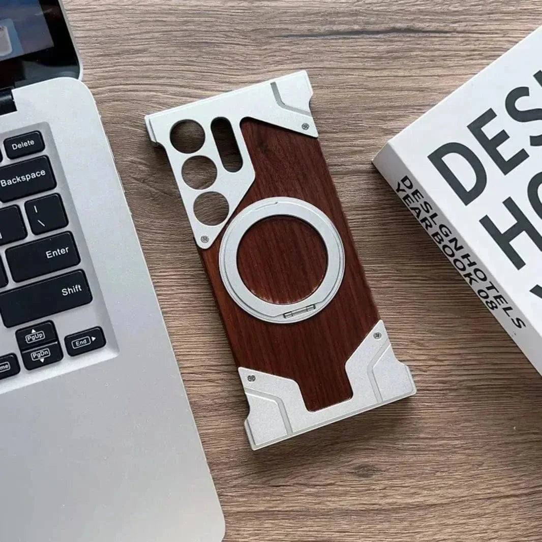 Walnut Wood Pattern Metal Frameless Kickstand Ring Case for Samsung S24 Ultra Samsung S24 Ultra / Silver / with magsafe - Ktusu