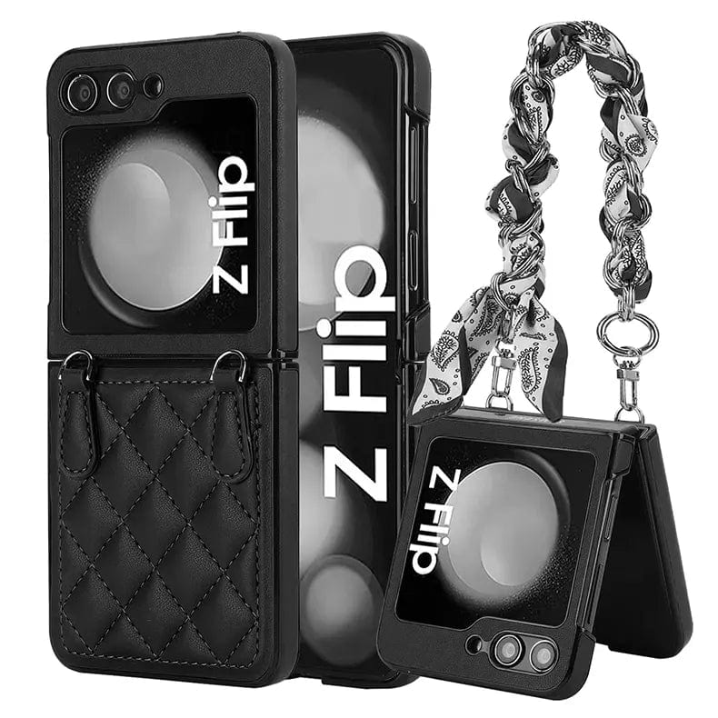 Cases & Covers for Samsung Z Flip6 / Black Lanyard Crossbody Wrist Strap Leather Case for Samsung Z Flip 6