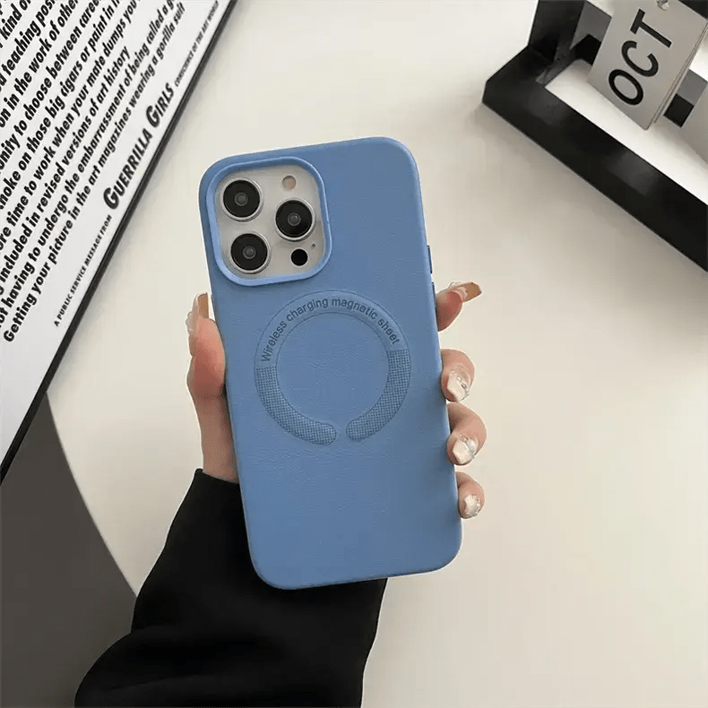 Cases & Covers for iPhone 15 / Sky Blue Wireless Charging Compatible Leather Magnetic Magsafe Cover for iPhone