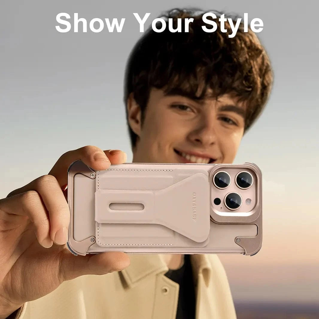 Metal Frame Leather Magnetic Card Holder MagSafe Case for iPhone 16 Pro