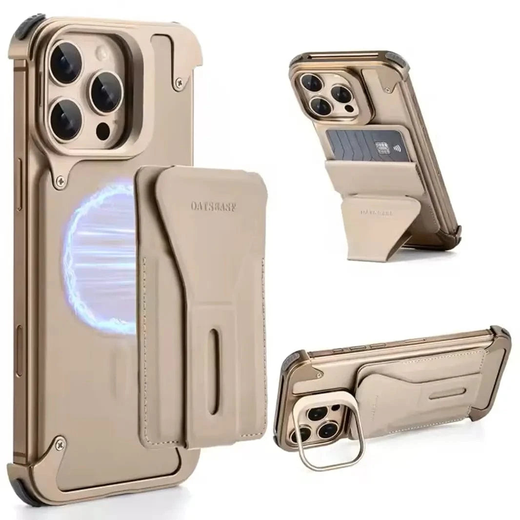Metal Frame Leather Magnetic Card Holder MagSafe Case for iPhone 16 Pro