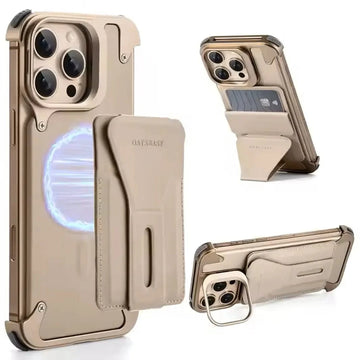Metal Frame Leather Magnetic Card Holder MagSafe Case for iPhone 16 Pro
