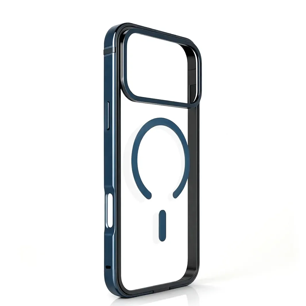 Deep Blue Metal TPU Frame PC Back Transparent Hard Case for iPhone 17 Pro Max Cases & Covers