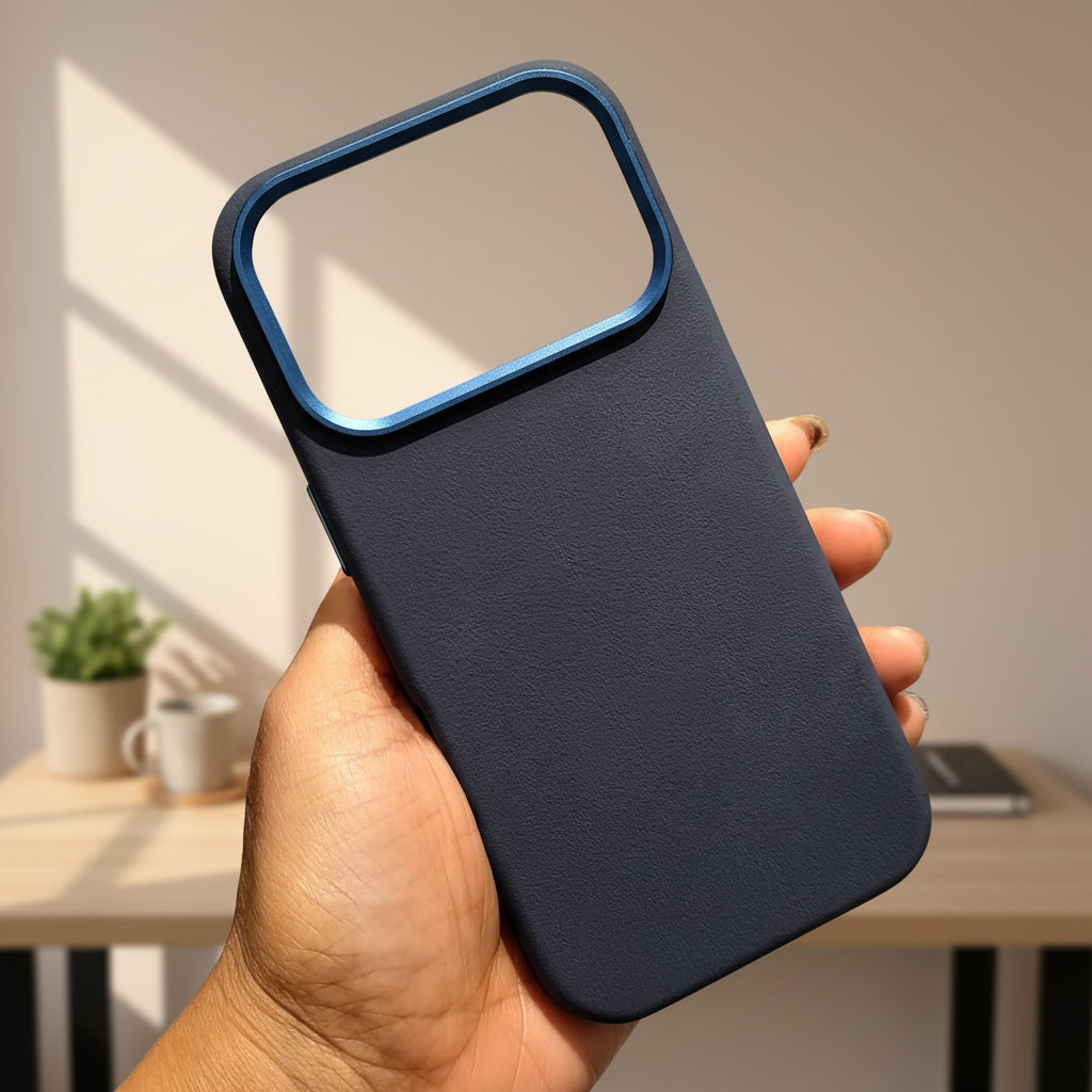 Black phone case with blue accent held in a hand against a store background