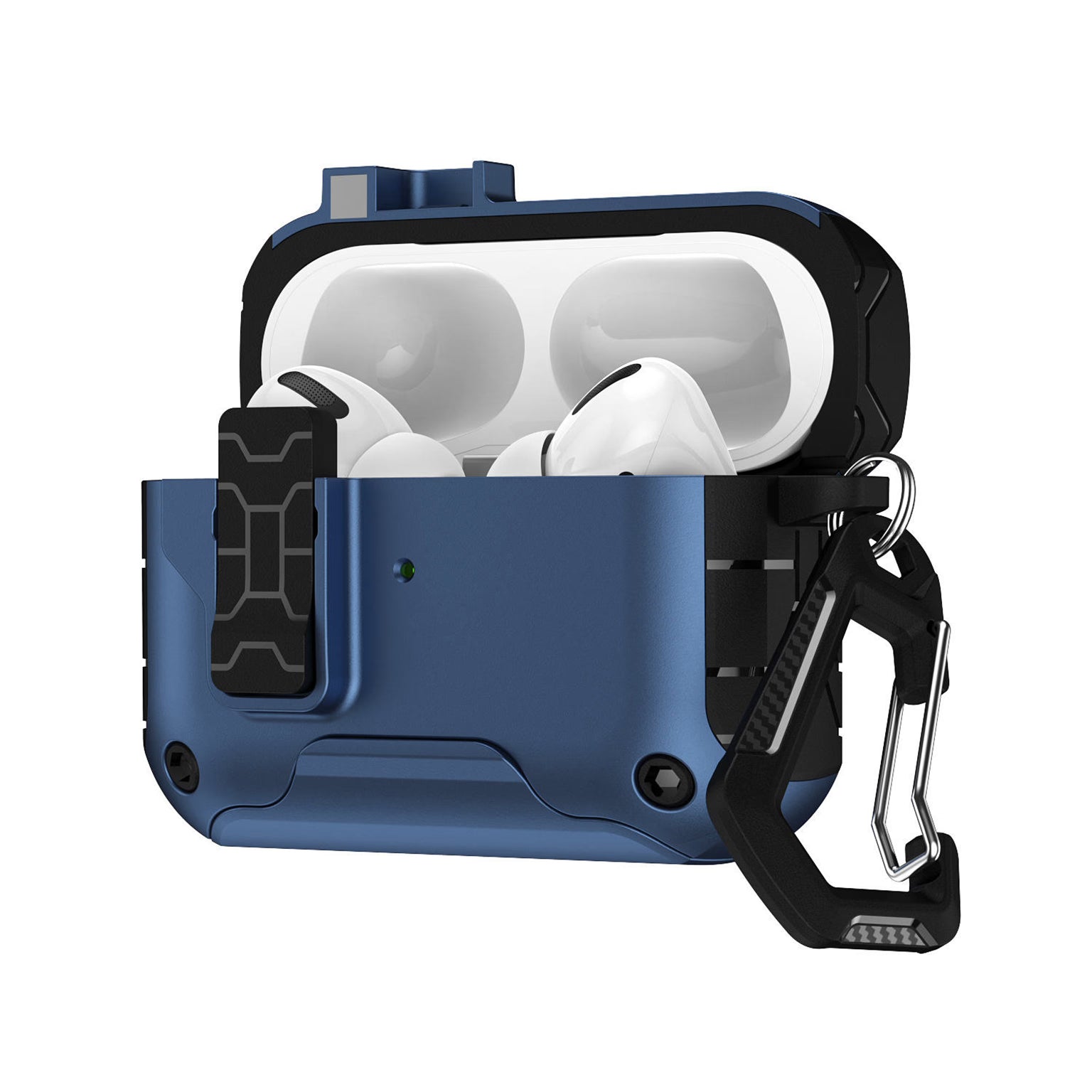Blue case with white earbuds inside on a white background