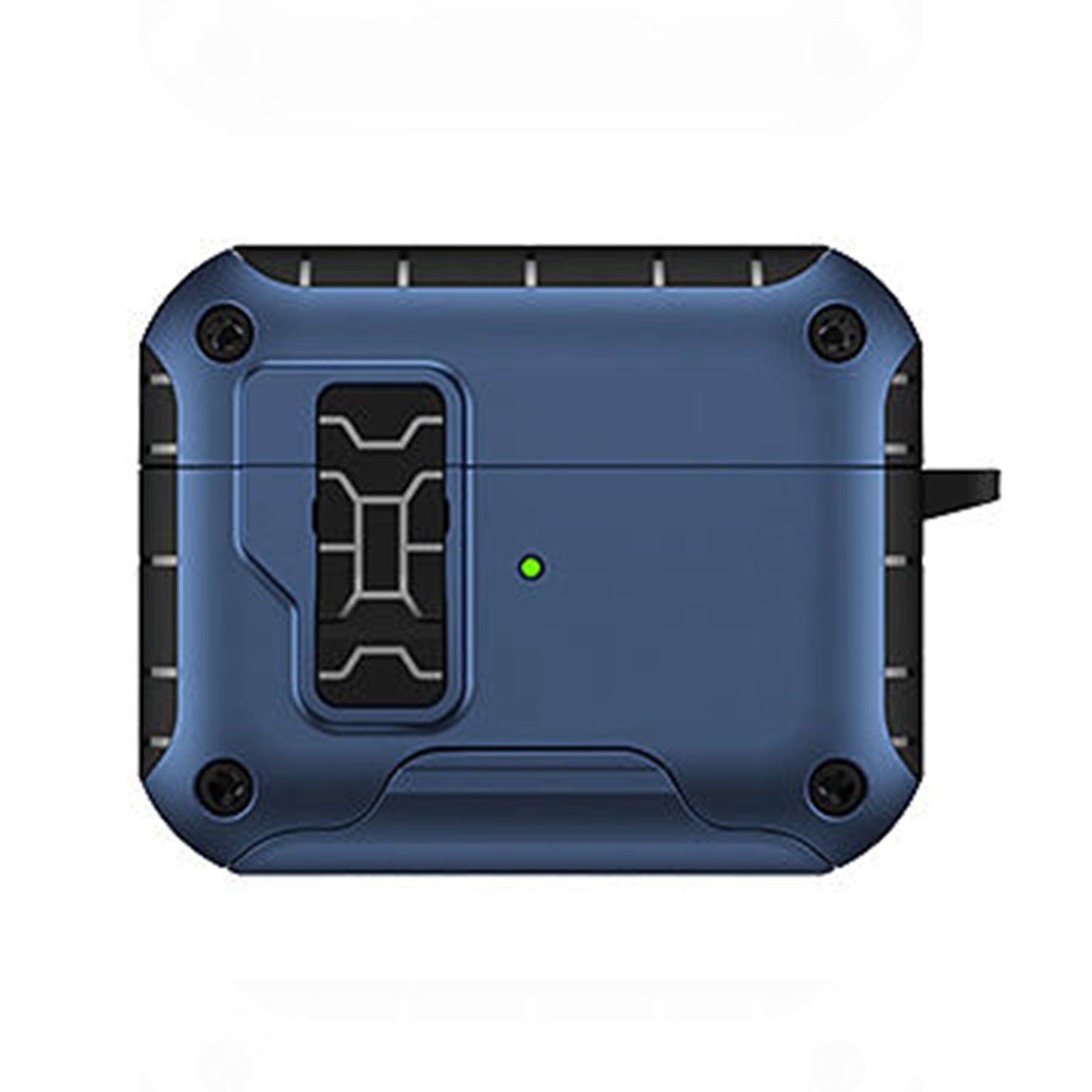 Blue electronic device with a green indicator light on a white background