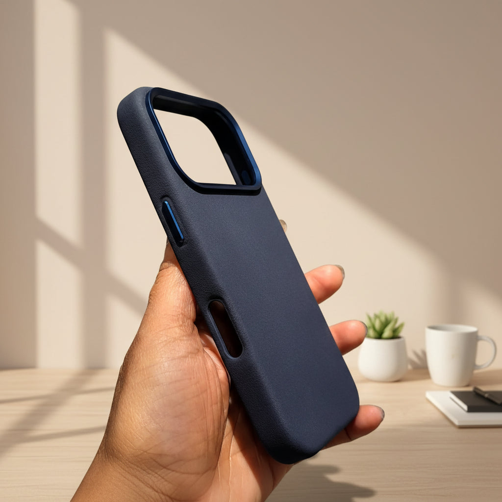 Black phone case held in a hand with a blurred store background