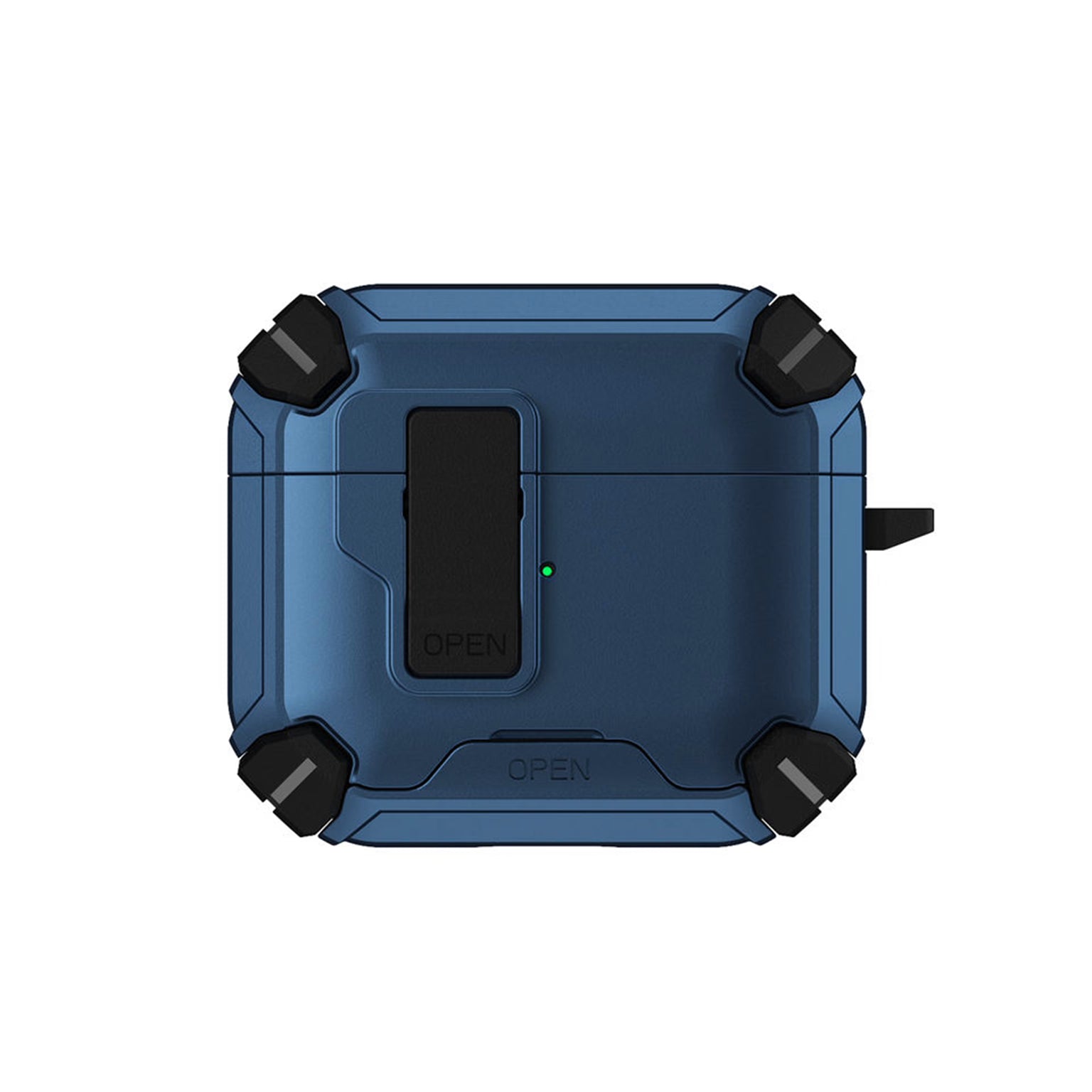 Blue protective case with black open latch on a white background