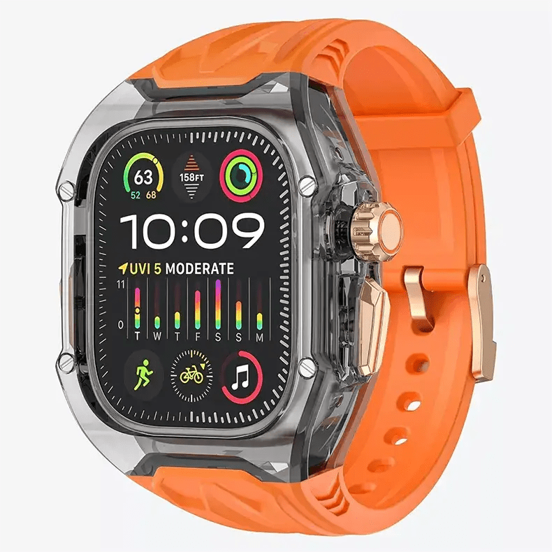 Straps & Bands for 45mm | 44mm / Orange Smoke Crystal Clear Military Rugged  Case with Silicone Band for Apple Watch
