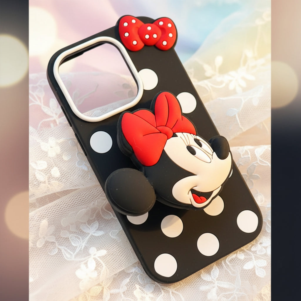 Phone case with cartoon character design on a pink and white background