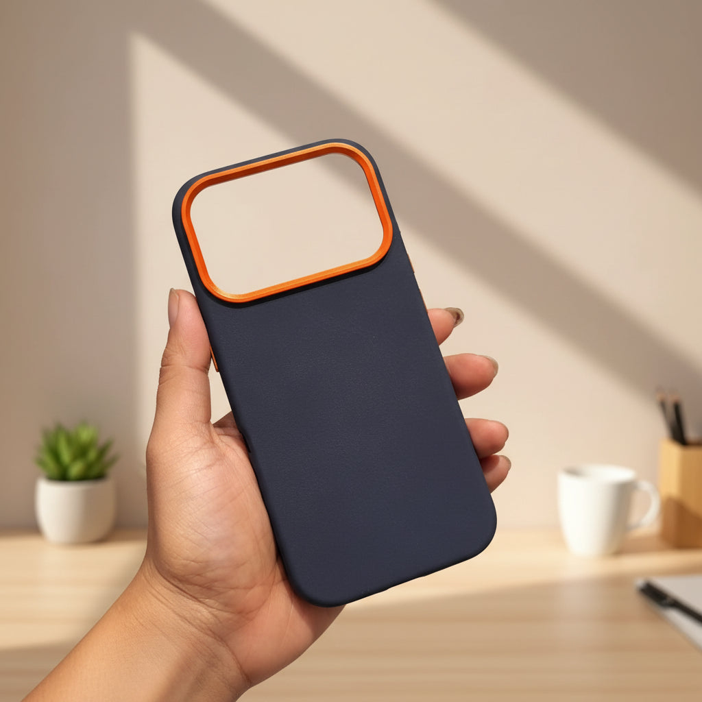 Black phone case with orange border held in a hand against a blurred background