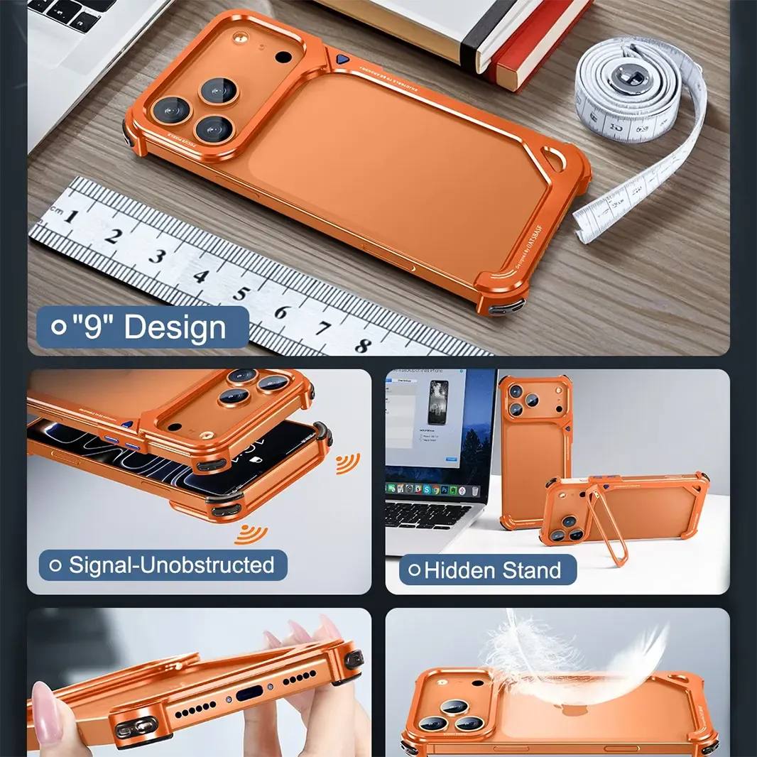 Oatsbasf 9 Shape Invisible Kickstand Air Cushion Aluminum Metal Bumper Case for iPhone 17 Pro Max Cases & Covers