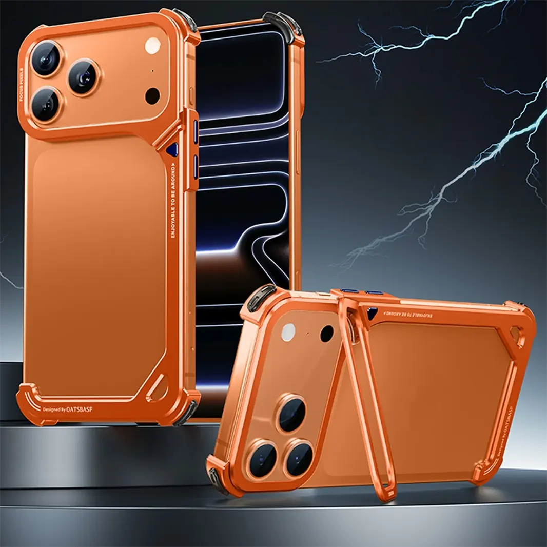 Oatsbasf 9 Shape Invisible Kickstand Air Cushion Aluminum Metal Bumper Case for iPhone 17 Pro Max Cases & Covers