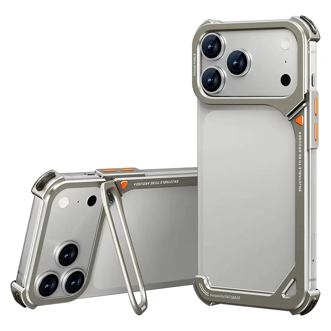 Natural Titanium Oatsbasf 9 Shape Invisible Kickstand Air Cushion Aluminum Metal Bumper Case for iPhone 17 Pro Max Cases & Covers