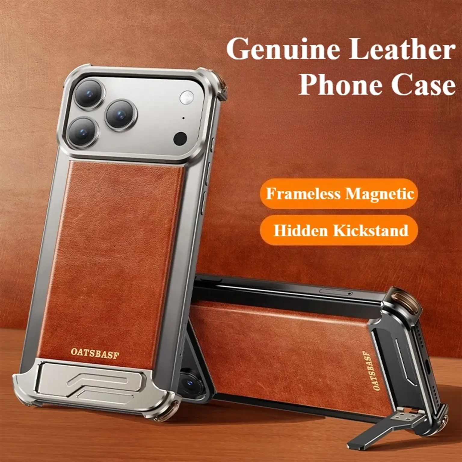 Cases & Covers OATSBASF Magnetic Leather Metal Hidden Kickstand Frameless Magsafe Case for iPhone 17 Pro