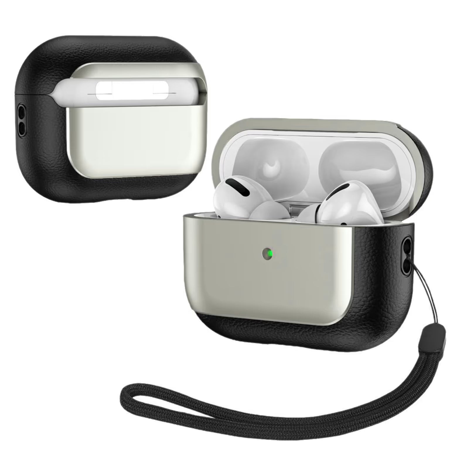 Wireless earbuds in a black leather case with a strap on a white background