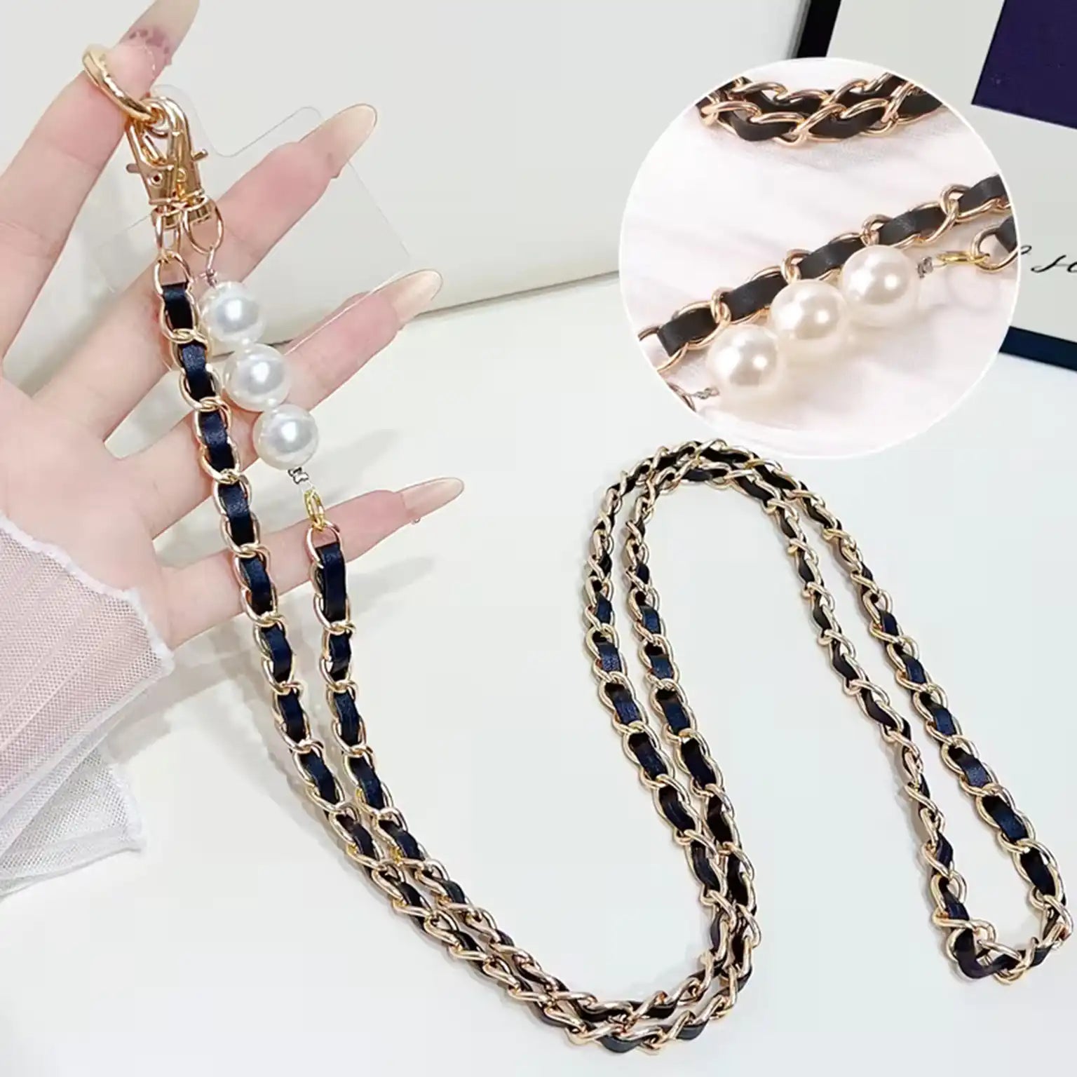 Enhancement Pearl Pickup Chain Long Strap for The Neck And Shoulder Phone Lanyard with Transparent Card Holder