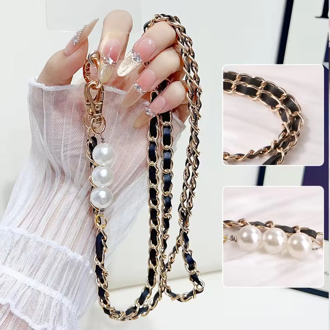 Enhancement Pearl Pickup Chain Long Strap for The Neck And Shoulder Phone Lanyard with Transparent Card Holder
