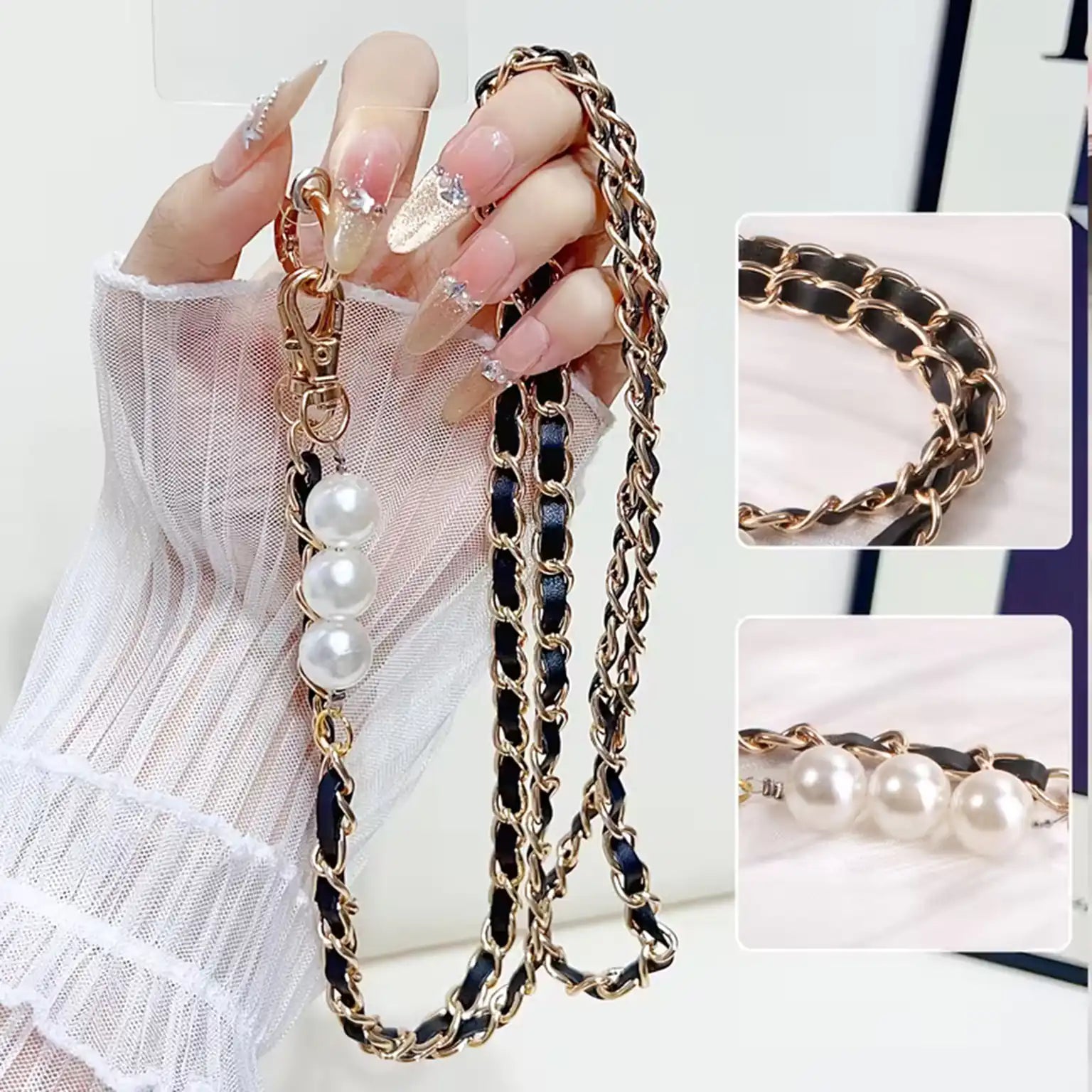 Enhancement Pearl Pickup Chain Long Strap for The Neck And Shoulder Phone Lanyard with Transparent Card Holder